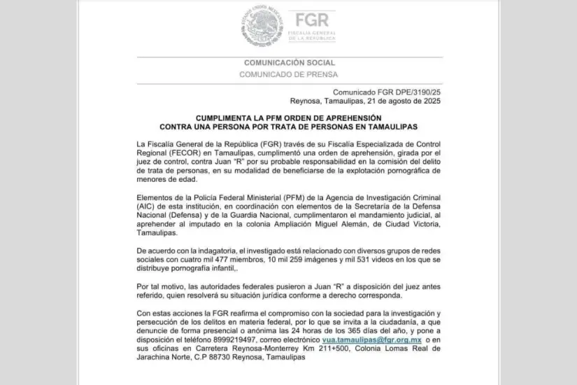 Comunicado de FGR del día 21 de agosto 2025, sobre la detención de Juan 