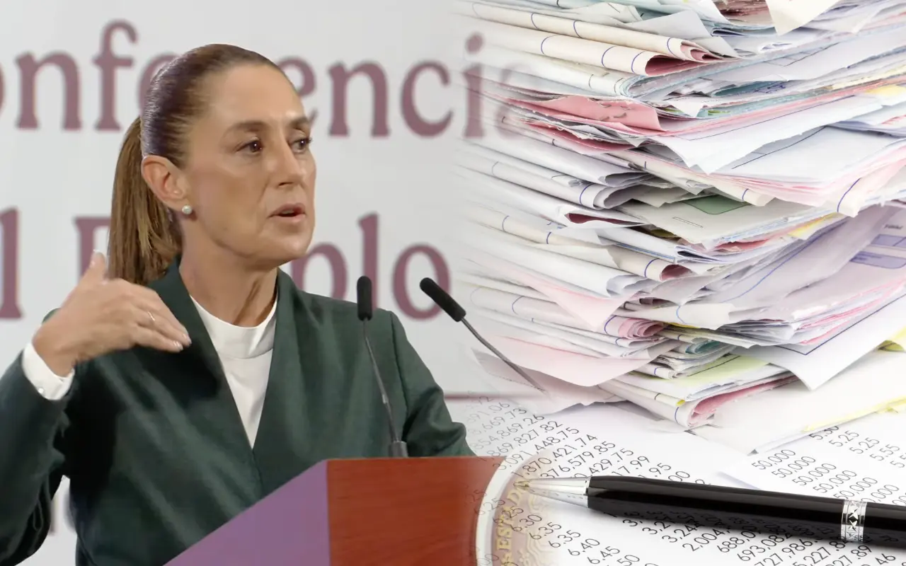 Claudia Sheinbaum y facturas. Foto: Canva / Captura de pantalla: YouTube (Claudia Sheinbaum)