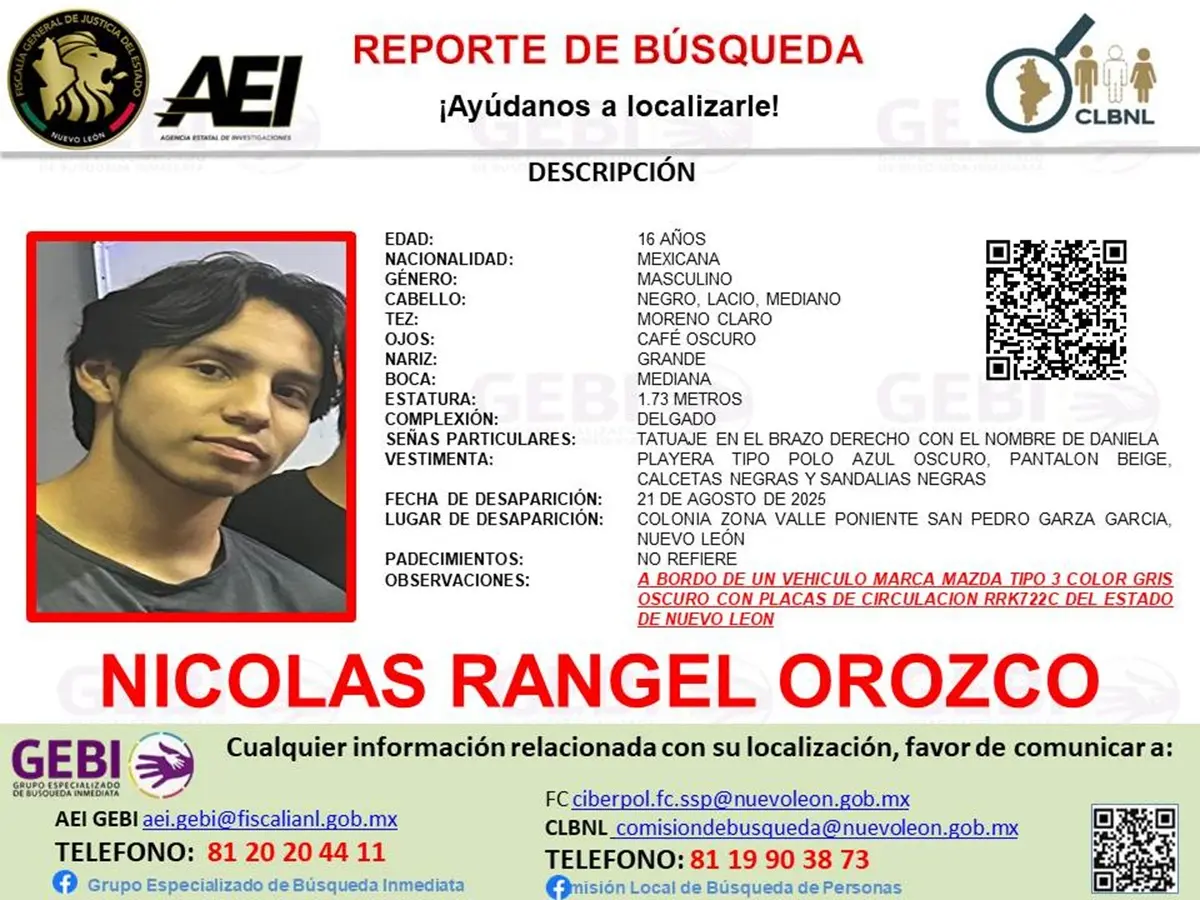 Nicolás Rangel Orozco, de 16 años, desapareció el pasado jueves 21 de agosto de 2025 en el municipio de San Pedro Garza García, Nuevo León. Foto: Facebook Grupo Especializado de Búsqueda Inmediata