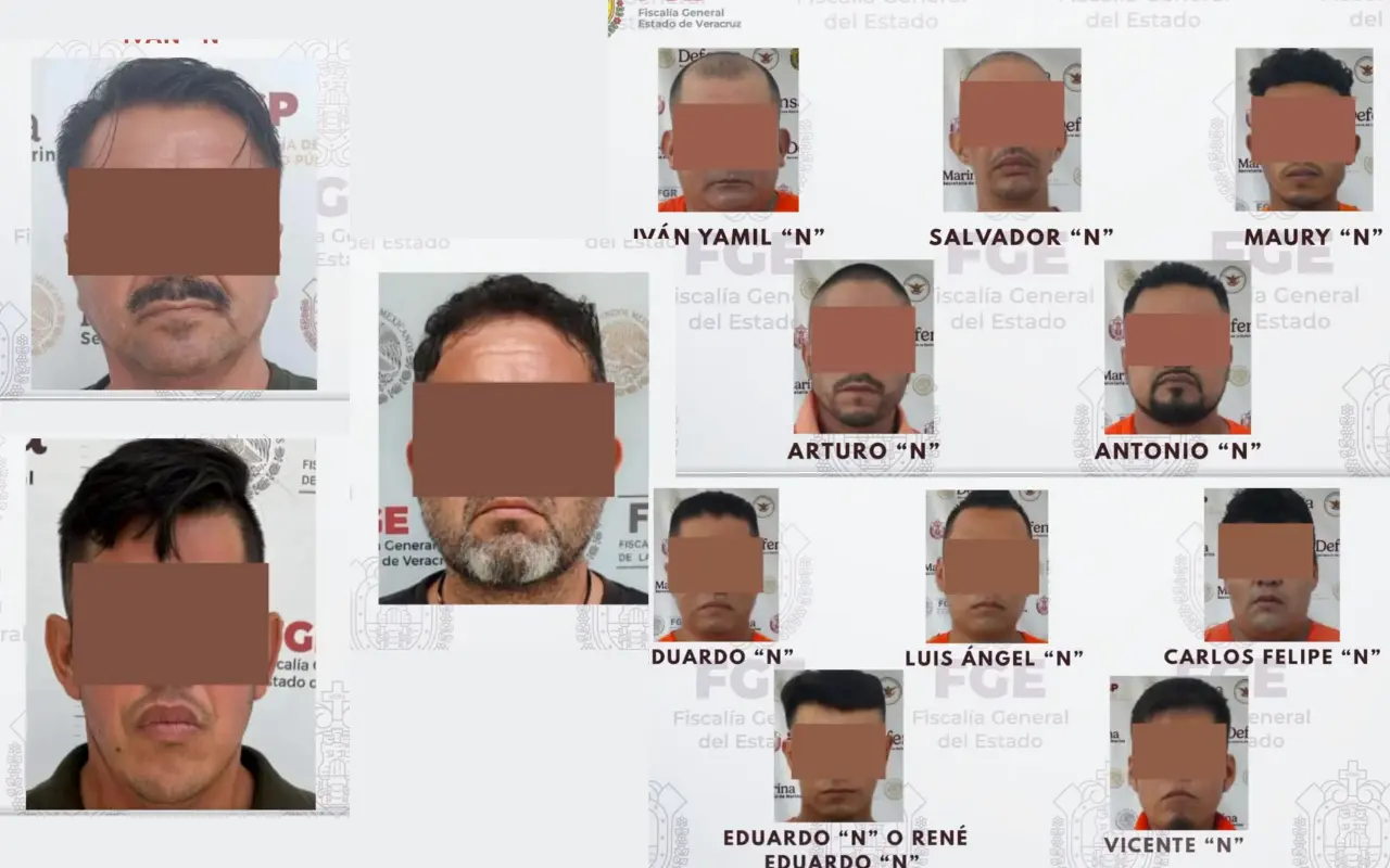 Las 13 personas aprehendidas tras motín en Tuxpan. Captura de pantalla: X (@FGE_Veracruz)