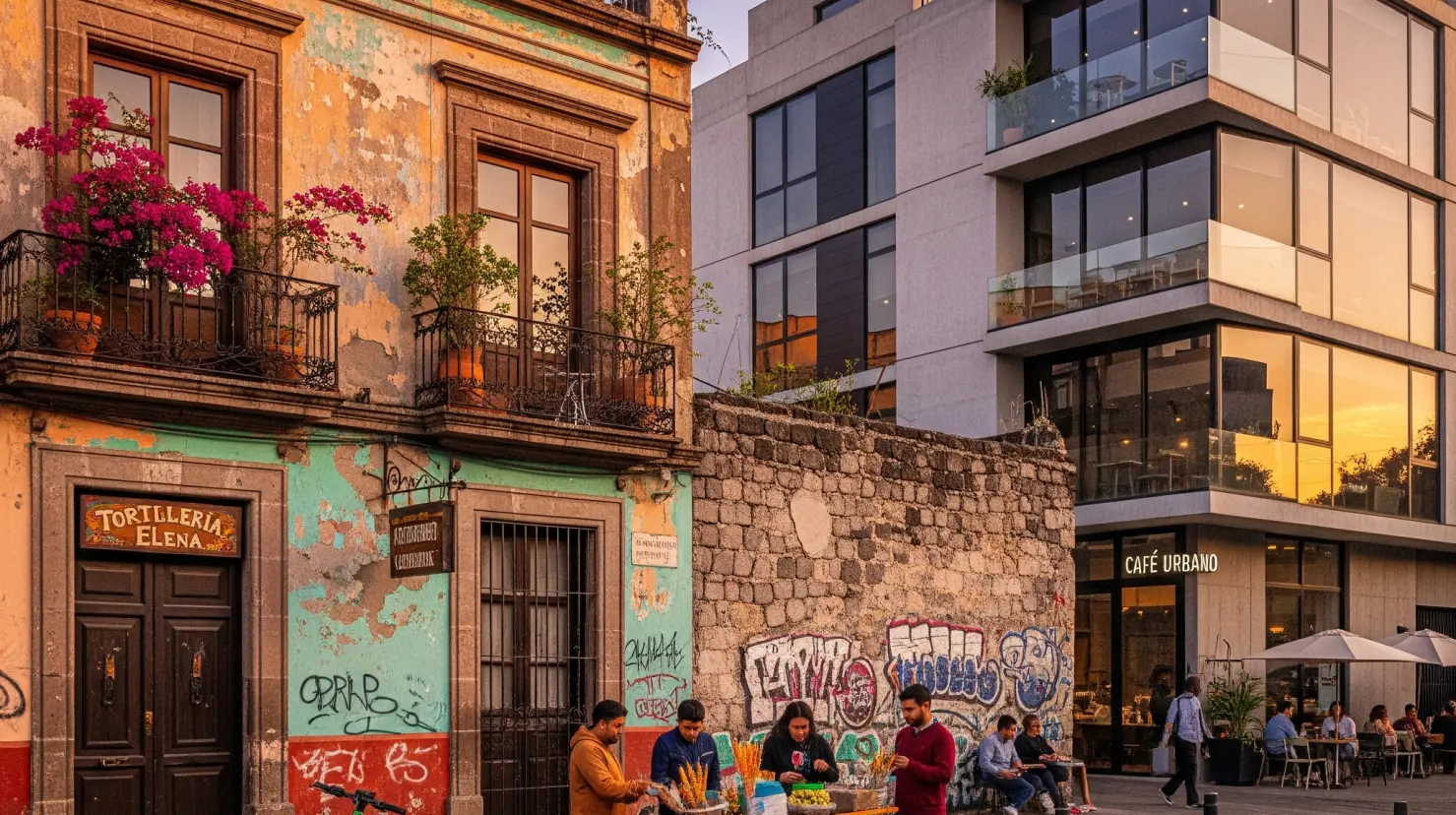 Barrio en CDMX en proceso de gentrificación. Foto: creada con IA