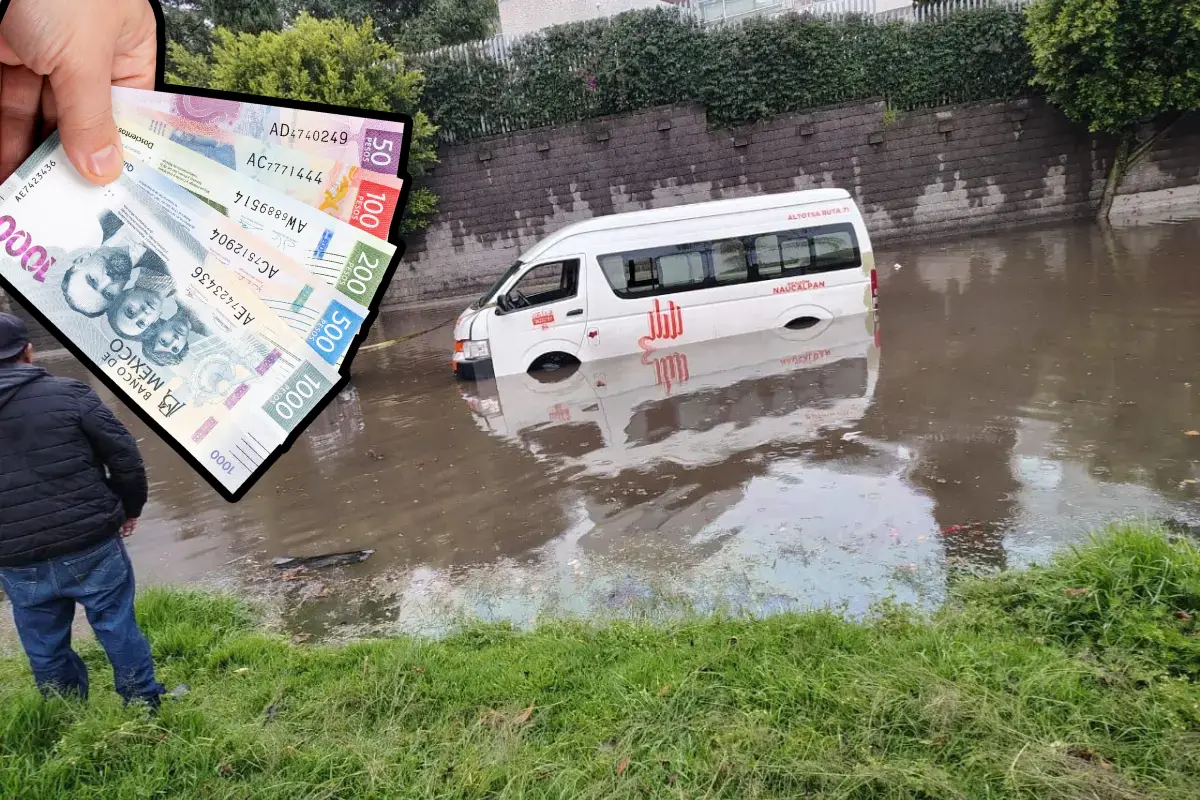 De fondo inundaciones, mano con billetes. Foto: Ramón Ramírez | Canva