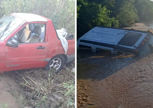 Crecida de arroyo en San Blas, BCS arrastra vehículos y deja 10 personas atrapadas