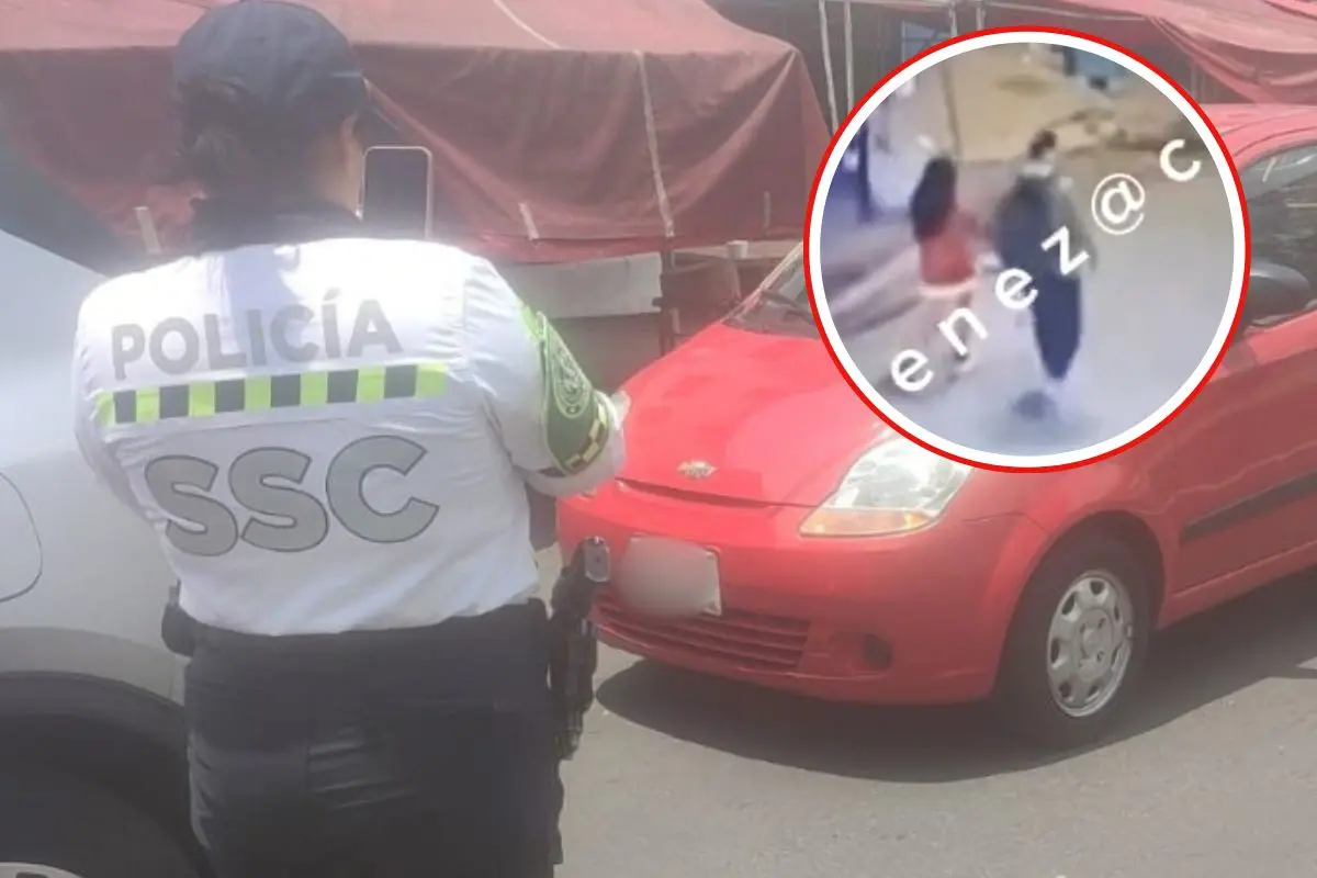 Policía de SSC, Hombre caminando con mujer en Iztapalapa.  Foto: X (@UCS_GCDMX) | captura X (@c4jimenez) | Canva