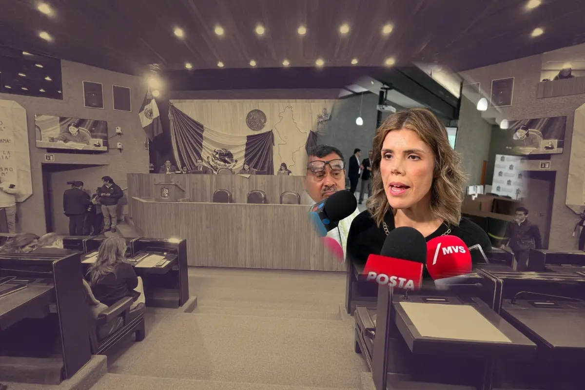La diputada local por el PAN, Claudia Caballero y el pleno del Congreso de Nuevo León. Foto: Composición Canva