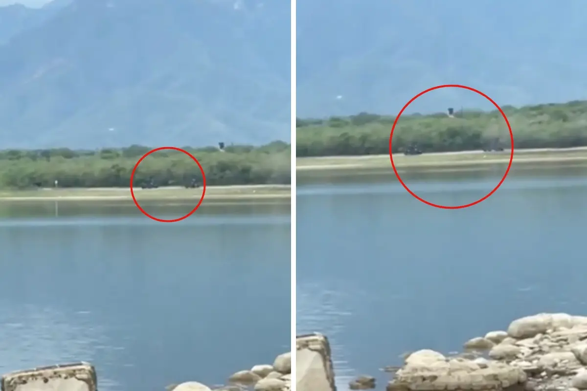 Presa La Estrella en Linares, Nuevo León y unidades de Fuerza Civil. Foto: Composición Canva