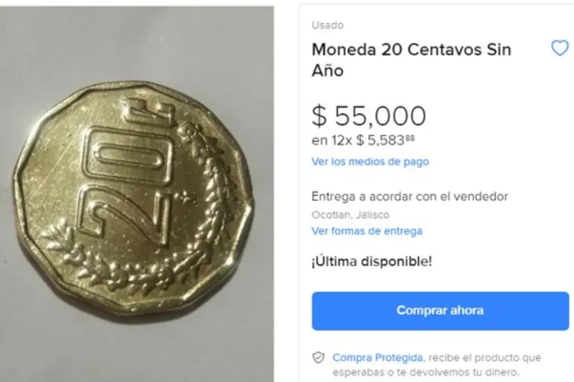 Las monedas de 20 centavos han capturado la atención de coleccionistas, alcanzando precios sorprendentes en plataformas en línea. Foto: Mercado Libre