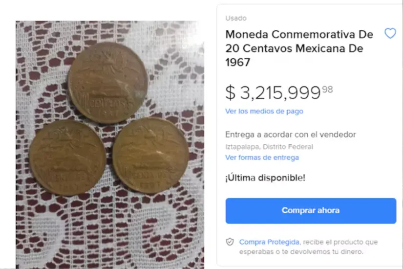 Vendedores en línea destacan monedas de 20 centavos cuyo valor supera los 3 millones de pesos por sus rarezas únicas. Foto: Mercado Libre