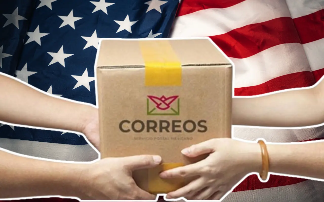 Paquete de Correos de México, manos y bandera de Estados Unidos. Foto: X (@CorreosdeMexico) / Canva