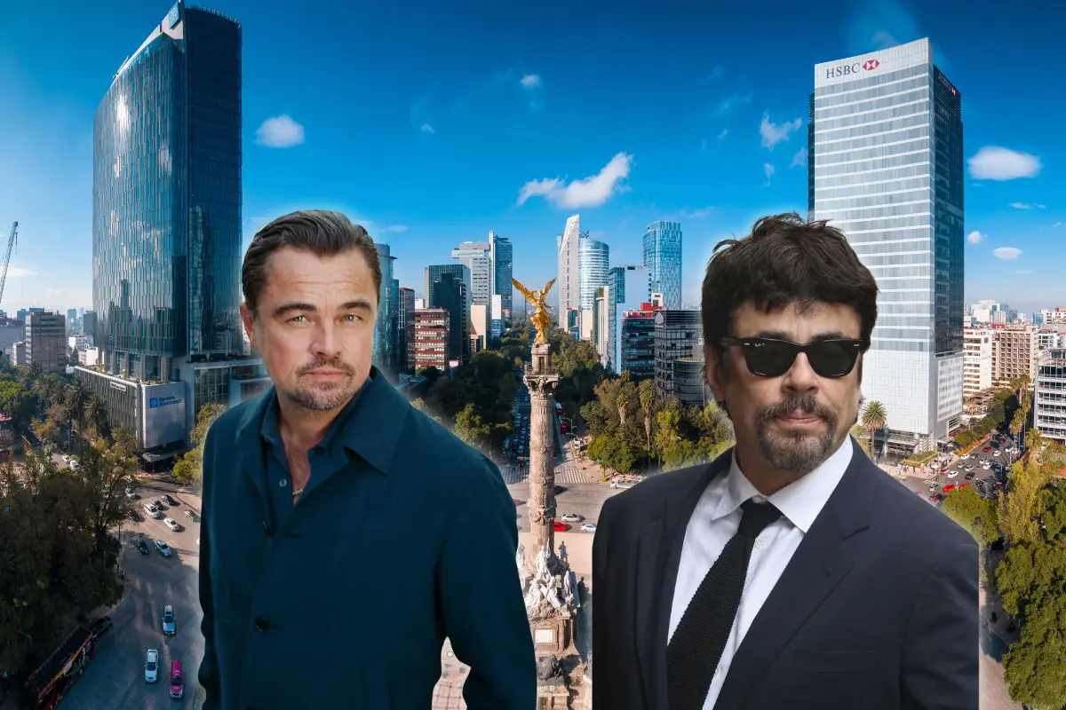 De fondo la CDMX, Leonardo DiCaprio y Benicio del Toro. FOTO: X @Zegna, @BenicioSource