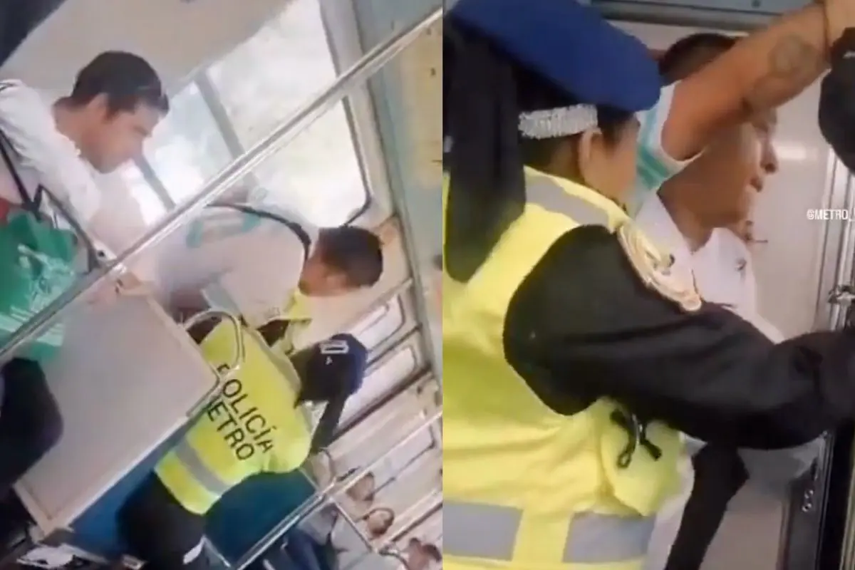 Incidente en el Metro CDMX entre vendedores y Policía Auxiliar. Foto: captura X (@MetroViralMx) | Canva
