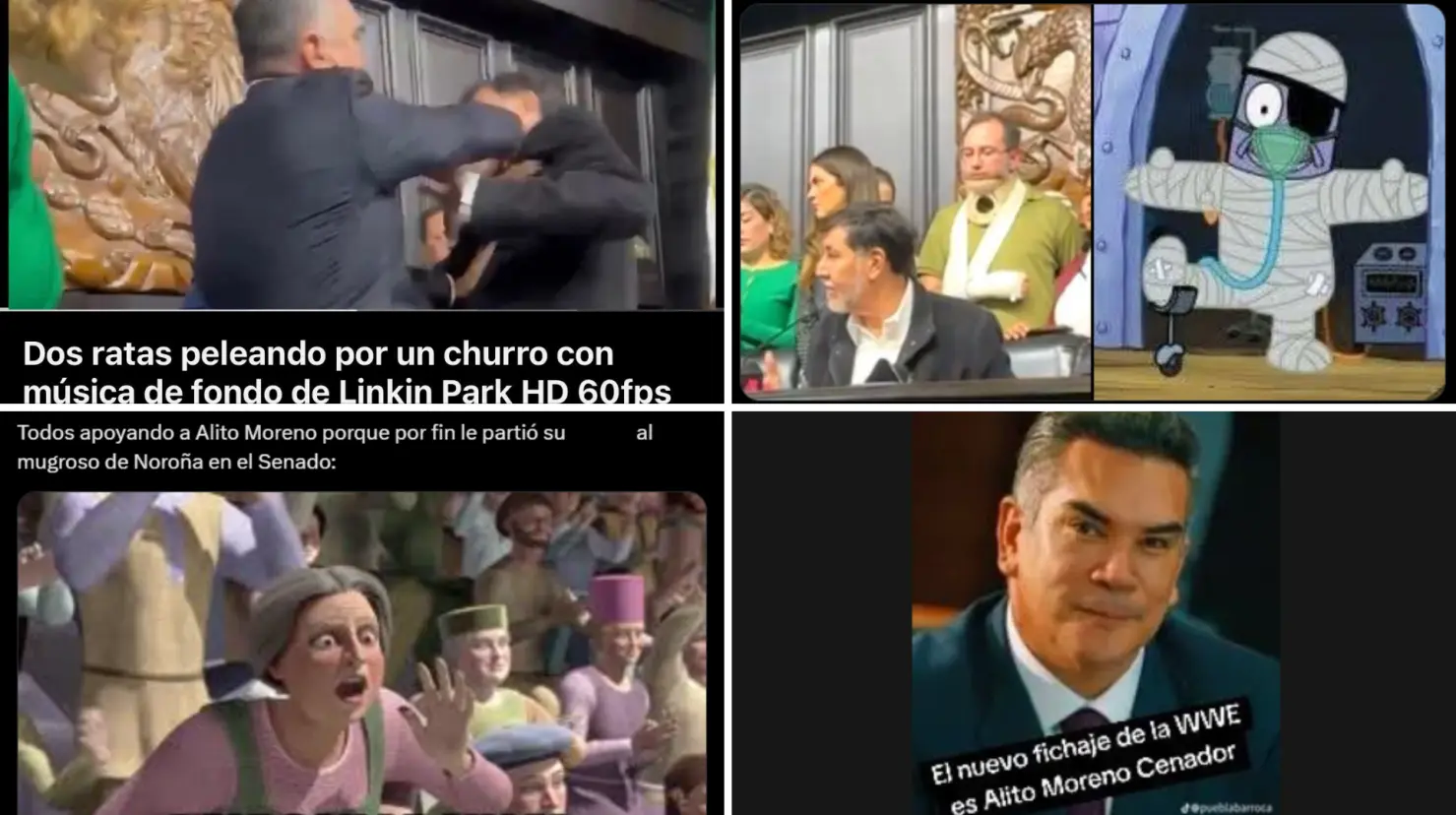 Pelea de Alito Moreno y Fernández Noroña desata memes en redes sociales. Foto: X (@CBuburron, @GaboAngelesMx, @Samuel_uFonseca) | TikTok (@pueblabarroca)