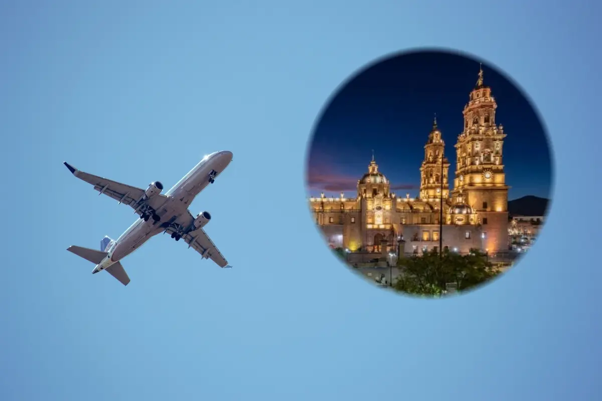 Un avión y la catedral de Morelia. Foto: Composición Canva