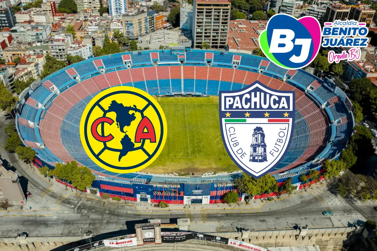 De fondo Estadio Ciudad de los Deportes, escudos de América, Pachuca y alcaldía. Foto: Maps Héctor San Román | Alcalde Luis Mendoza