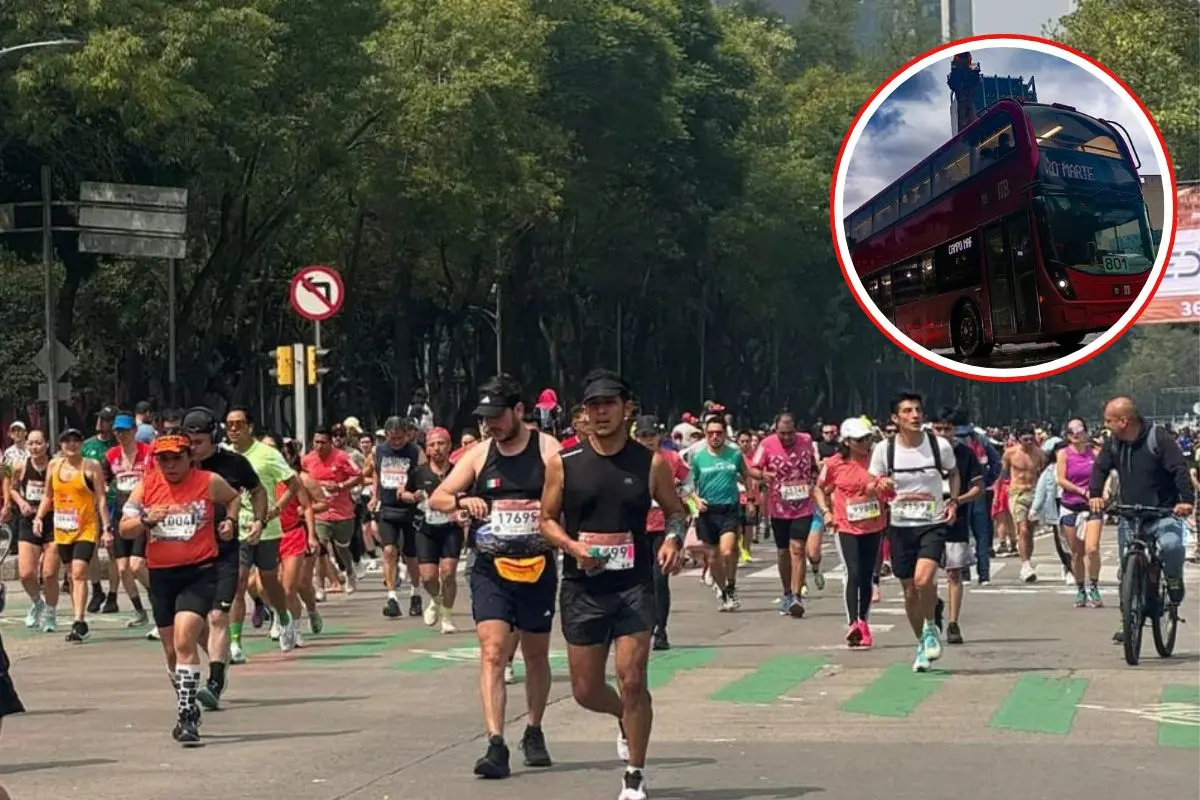 Personas corriendo el Maratón de la Ciudad de México, Metrobús CDMX. Foto: Facebook (Maratón de la Ciudad de México Telcel) | (X (@MetrobusCDMX) | Canva