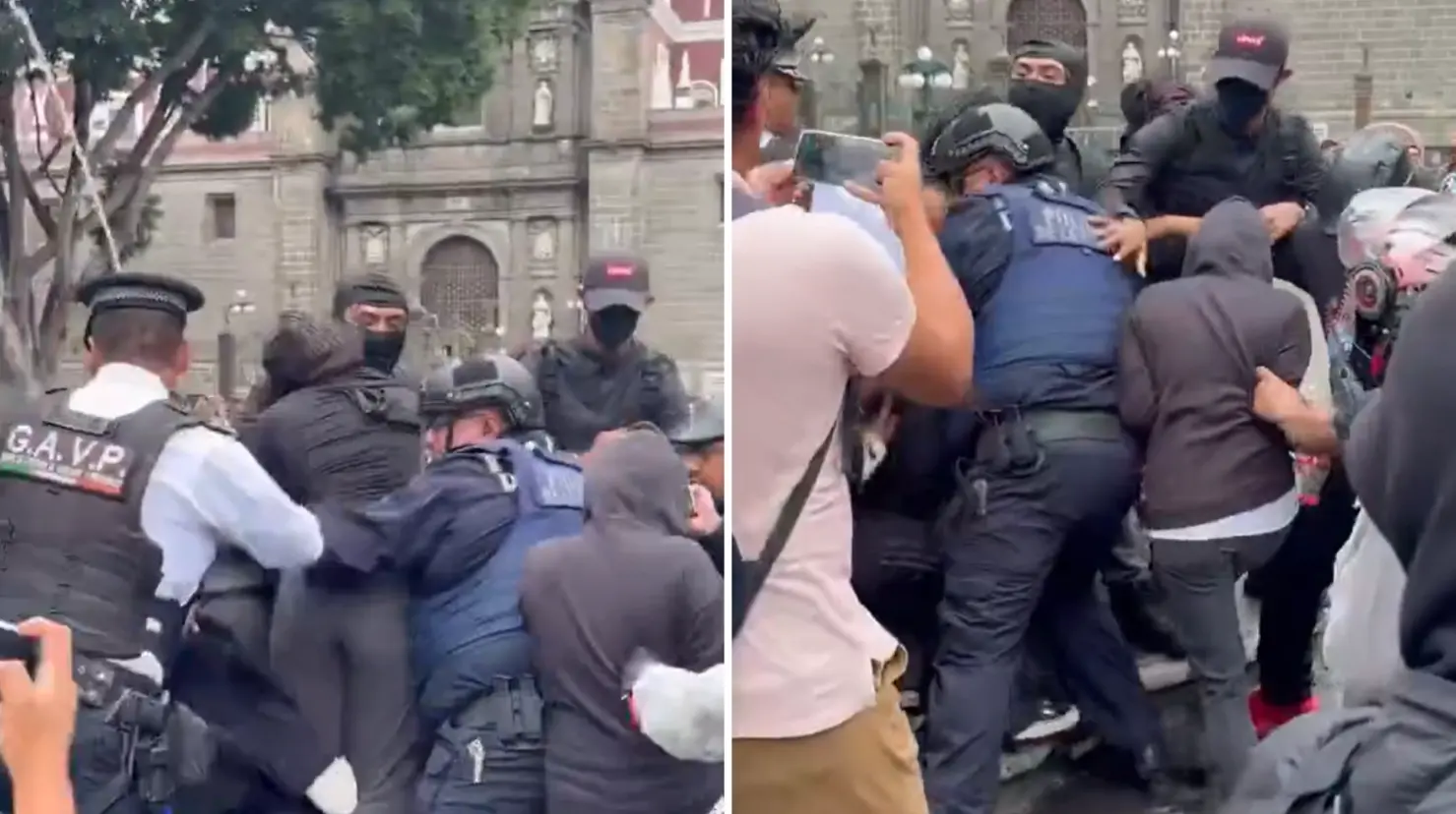 Detienen a tres mujeres tras confrontación durante protesta en Puebla. Foto: X (@MichLpez6)