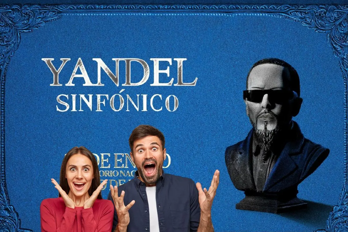Personas sorprendidas frente al cartel del concierto sinfónico de Yandel en el Auditorio Nacional de CDMX. Foto: OCESA | Freepick | Canva
