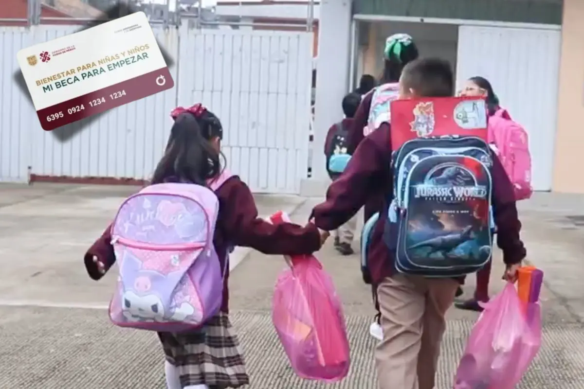 Alumnos llegando a la escuela, tarjeta Mi Beca para Empezar. Foto: X (@BienestarEdu) | Canva
