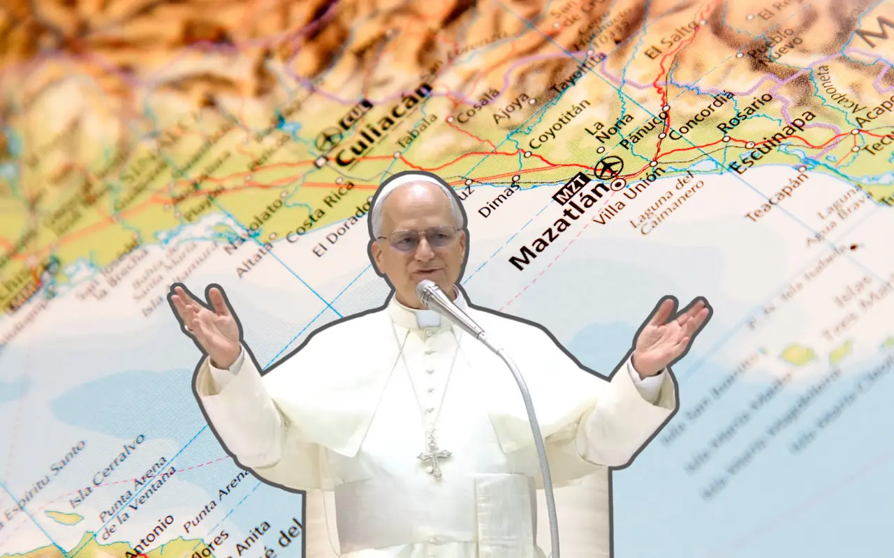 Papa León XIV y mapa de Sinaloa. Foto: X (@vaticannews_es) / Canva