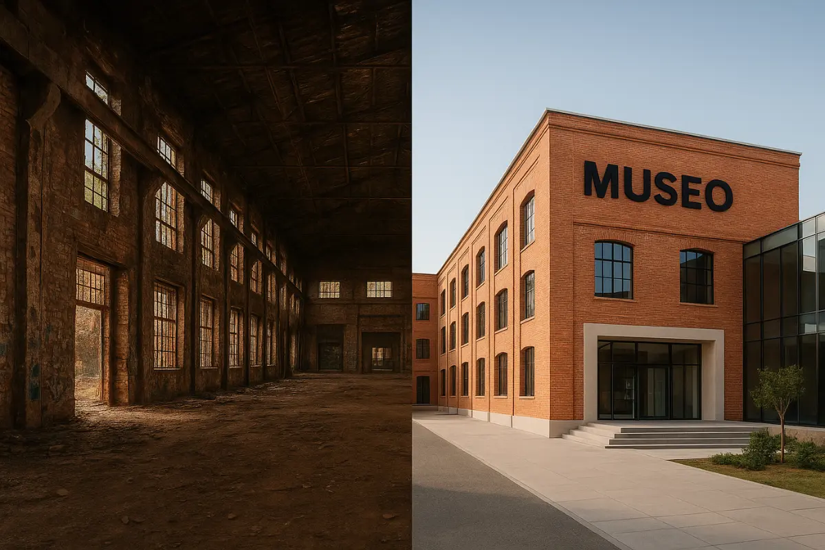 Contraste entre ex fábrica y su transformación a museo. Foto: IA