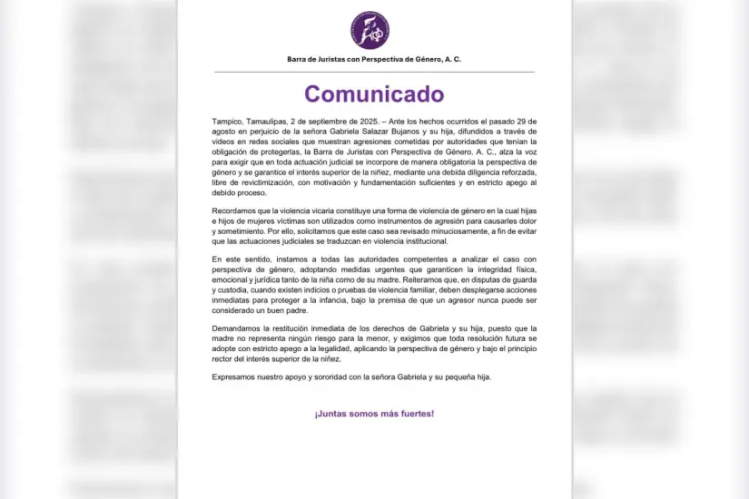 Comunicado emitido por la Barra de Juristas con Perspectiva de Género. Foto: Axel Hassel