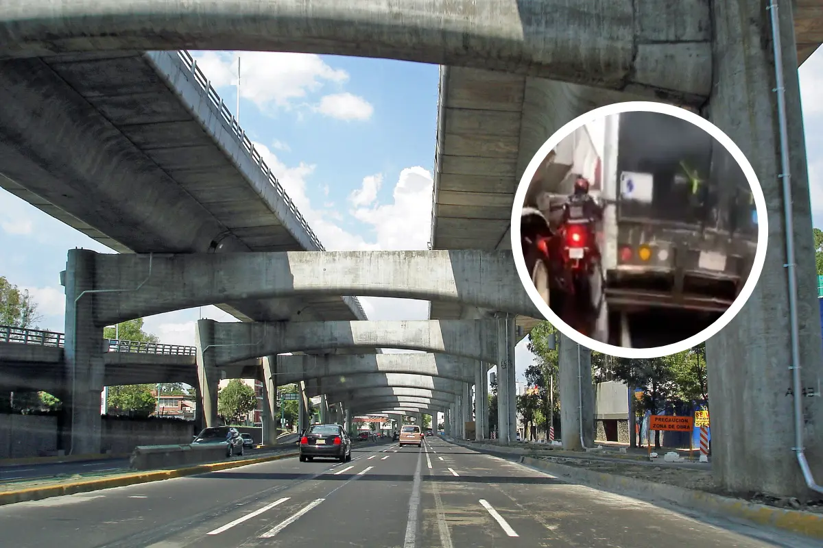 De fondo Periférico, motociclista entre dos tráileres. Foto: Wikipedia | Captura de pantalla