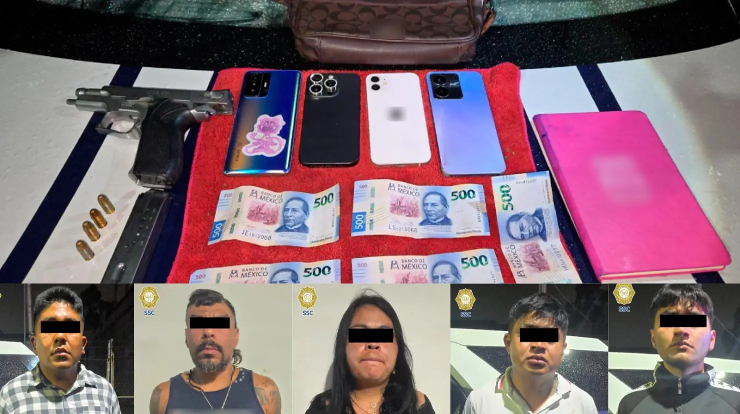 Personas detenidas y artículos decomisados por la SSC de CDMX. Foto: SSC CDMX | CANVA