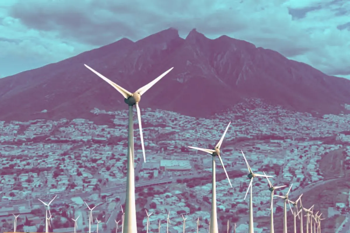 El cerro de la silla de fondo con un parque eólico enfrente Foto: Canva