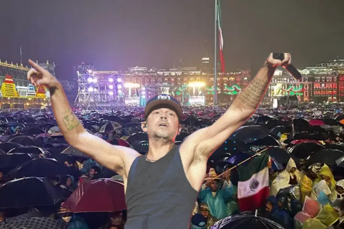 Residente en el Zócalo un sábado lluvioso y Residente. Foto: @AgriPV10 | Canva