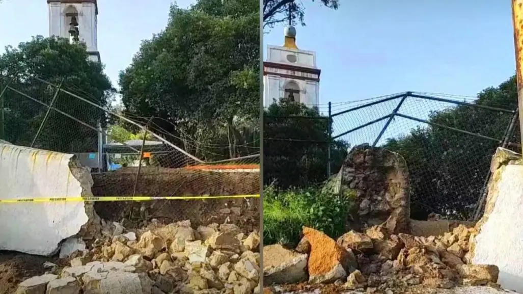 Lluvias en Edomex provocan desplome de barda en parroquia histórica de Cuautitlán Izcalli