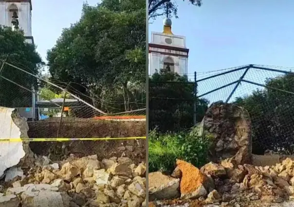 Lluvias en Edomex provocan desplome de barda en parroquia histórica de Cuautitlán Izcalli