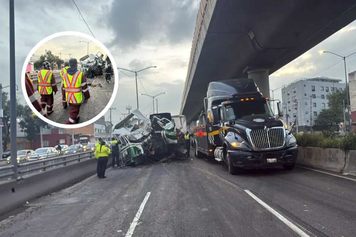 De fondo tráiler después de accidente, personal que apoyo. Foto: Ramón Ramírez