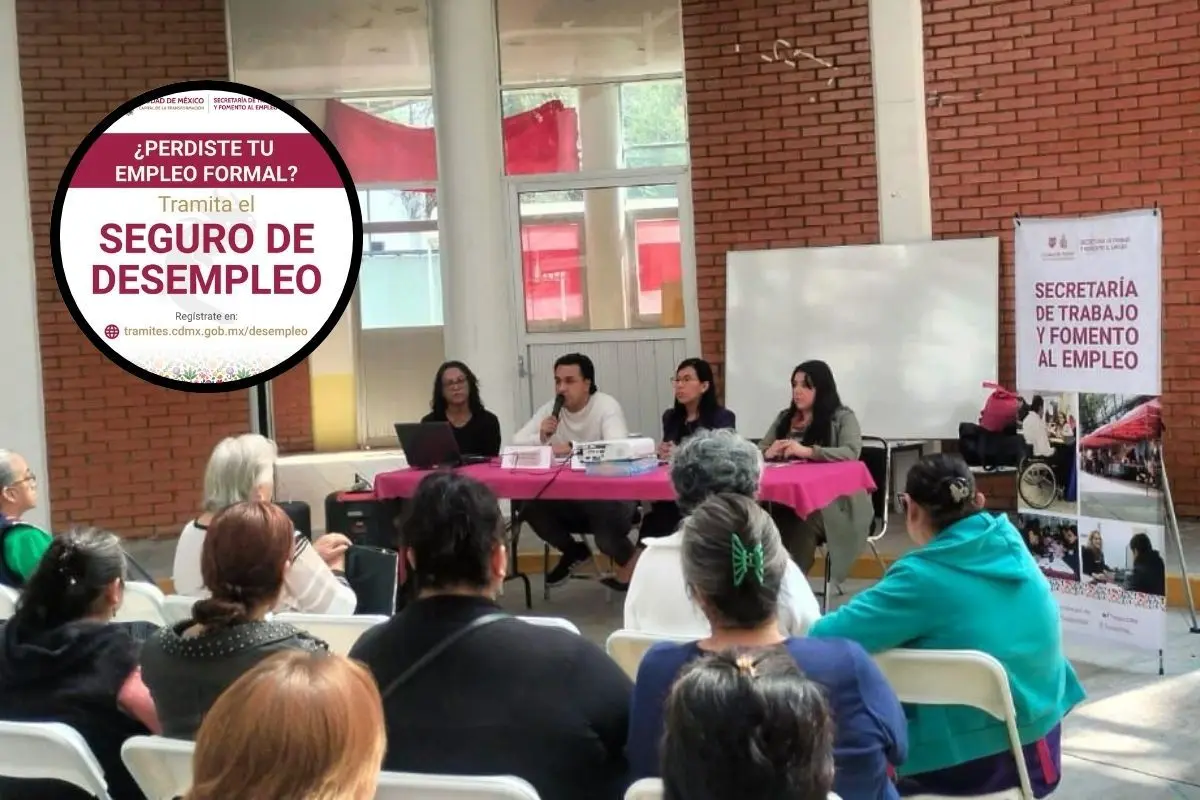 Persona recibiendo información sobre el Seguro de Desempleo. Foto: Cuenta X Trabajo CDMX | Canva