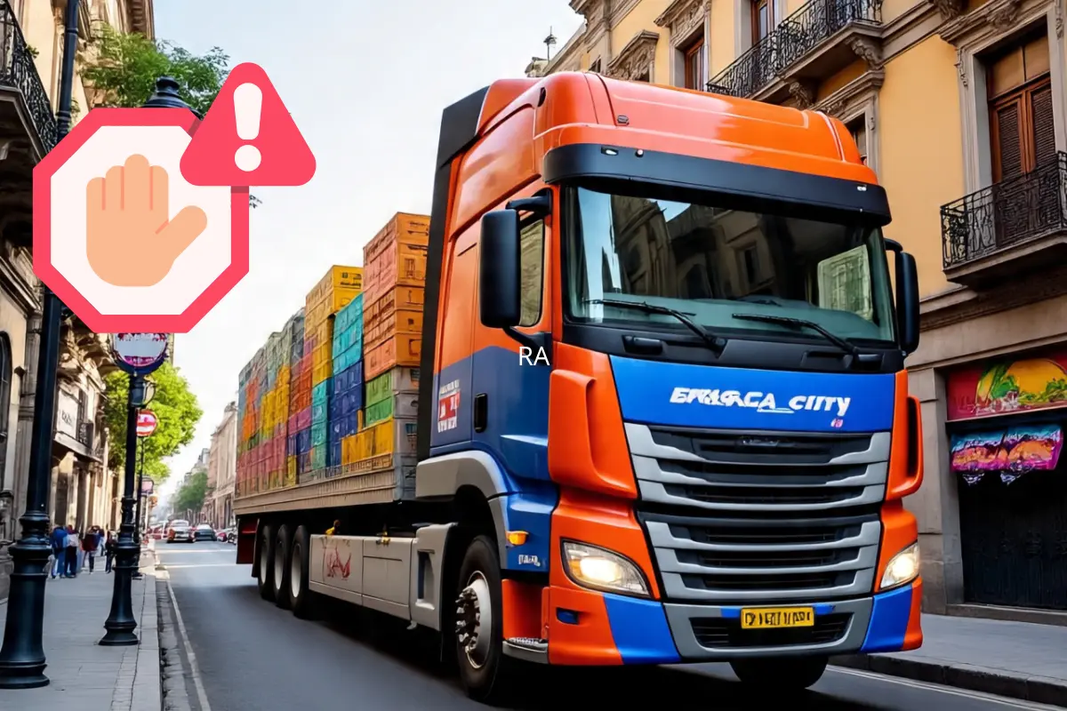 Transporte de carga circulando en calles de CDMX y signo de restricción. Foto: IA | Canva