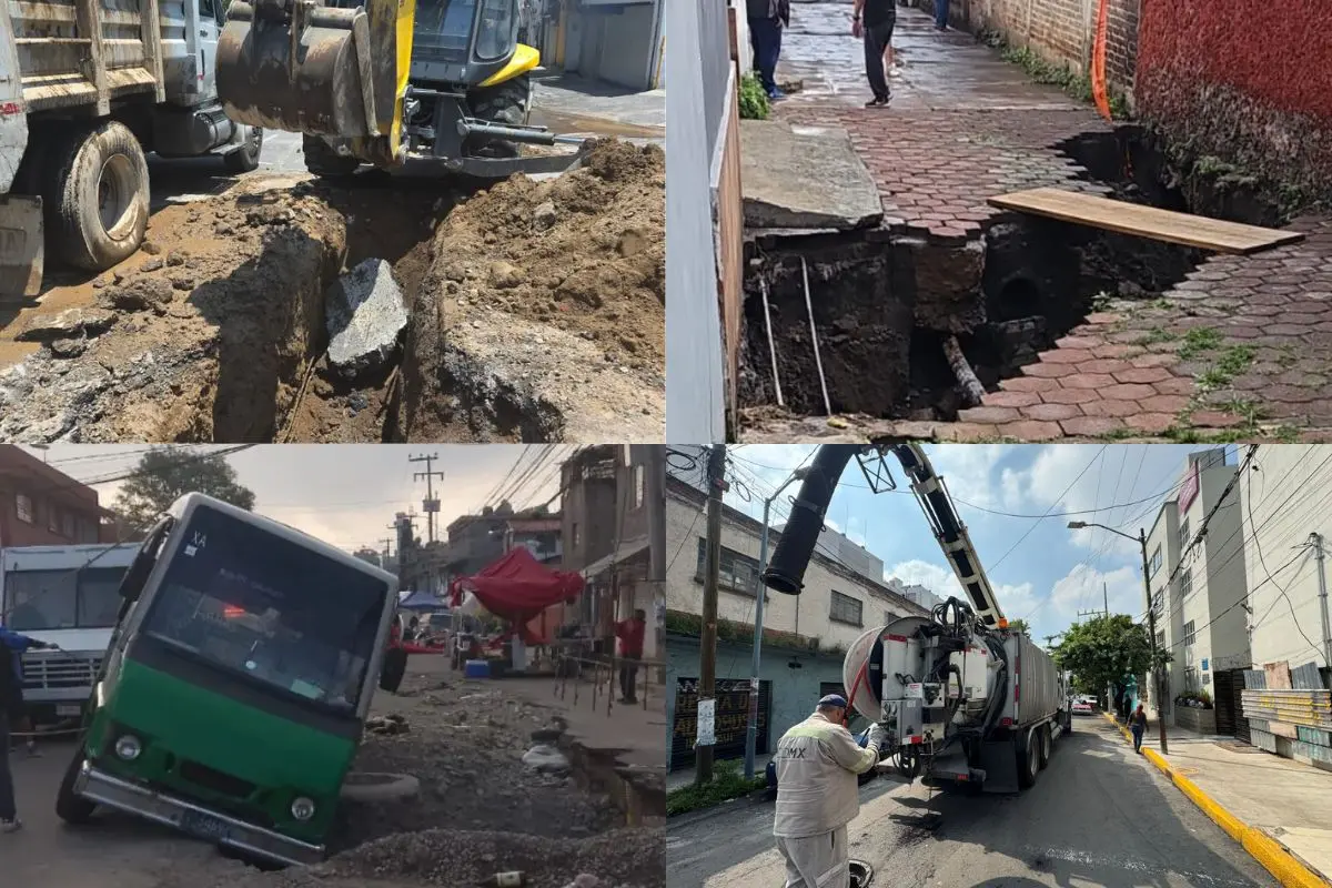 Socavones en CDMX, autoridades trabajando en drenaje y socavones. Foto: Ramón Ramírez | Luis Antonio Alfaro | X (@SEGIAGUA) | Canva