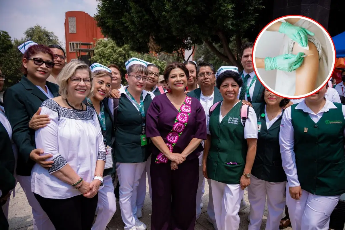 La Jefa de Gobierno de la CDMX, Clara Brugada con personal de la salud durante el inicio de la Jornada de Vacunación, Foto: X (@ClaraBrugadaM) | Canva