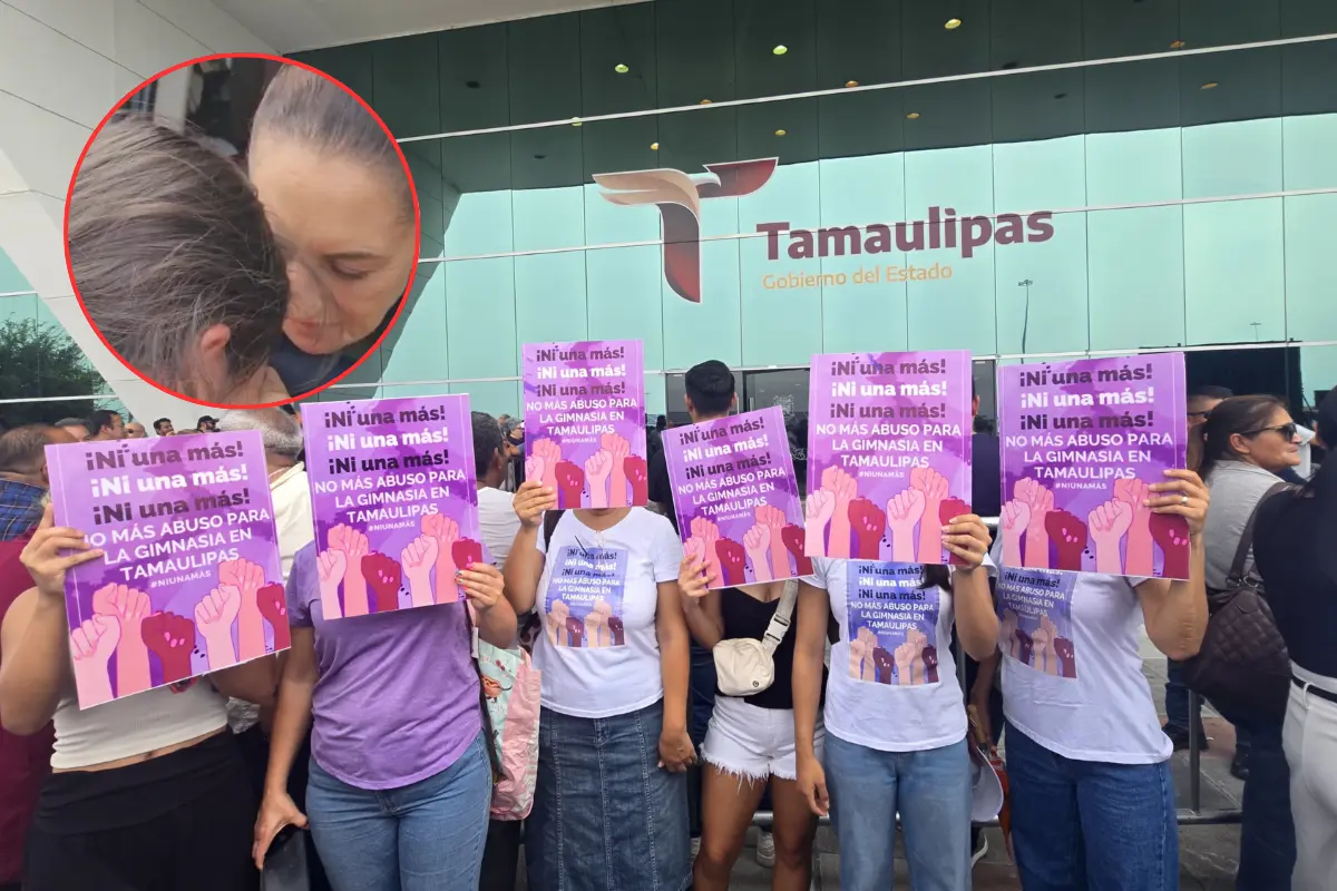 Al término del evento, un grupo de gimnastas se acercó a la presidenta para entregarle un sobre amarillo con información sobre el caso judicial que enfrentan contra su exentrenador. Foto: Gobierno del Estado