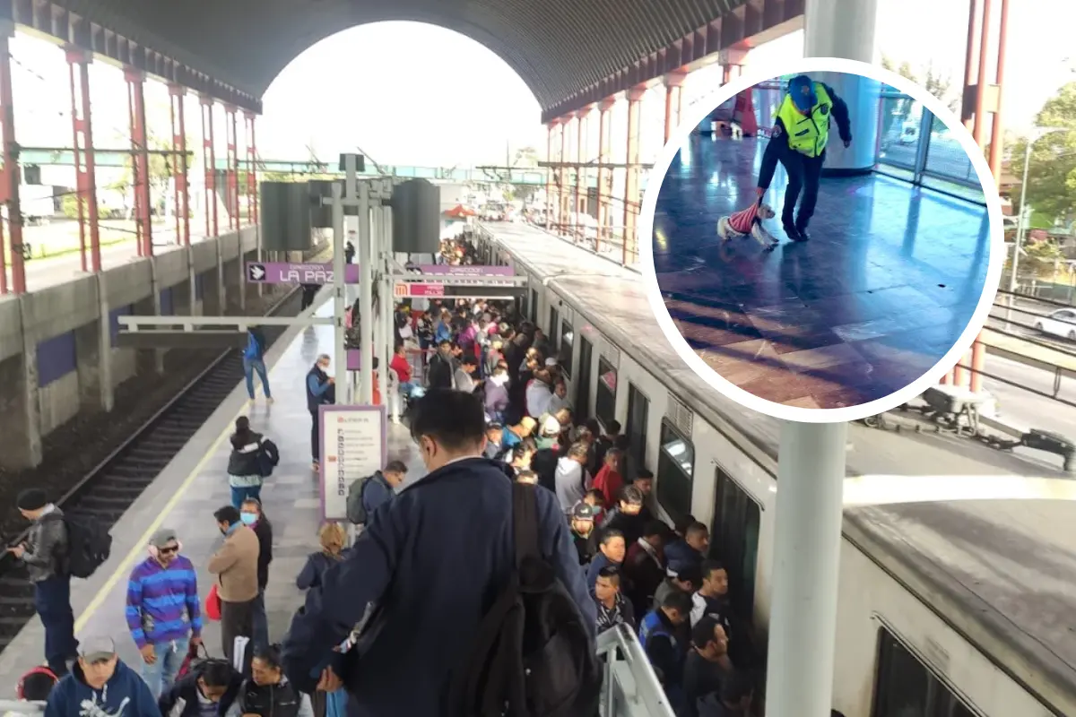 De fondo estación del Metro, policía jalando perrito. Foto: Maps Alexia Villalvazo | X @MetroViralMx
