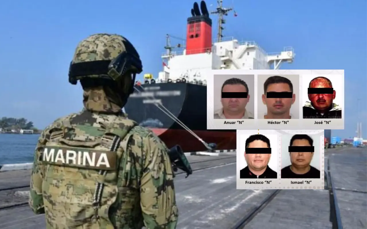 Operativo en puerto de Tampico y cinco de las 14 personas detenidas. Foto: Secretaría de Marina / Captura de pantalla: YouTube (Secretaría de Seguridad y Protección Ciudadana)
