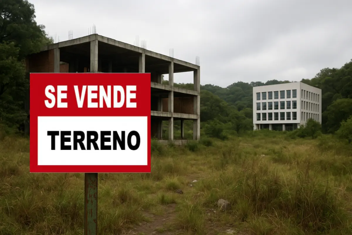 Construcción de terrenos en áreas verdes, cartel de venta. Foto: IA | FB Arrenti Slp
