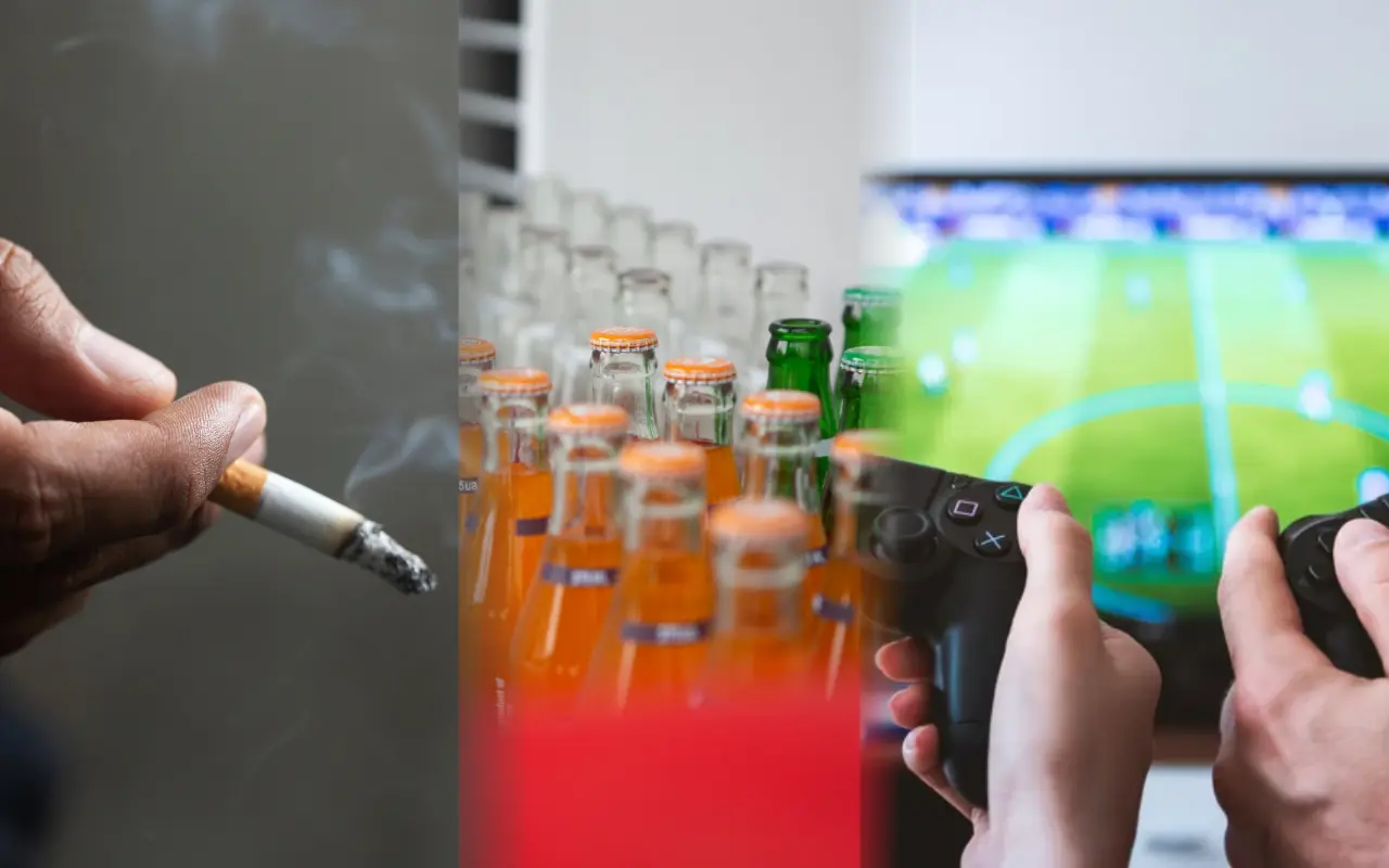 Mano sosteniendo cigarro, refrescos y manos sosteniendo controles de videojuegos. Foto: Canva