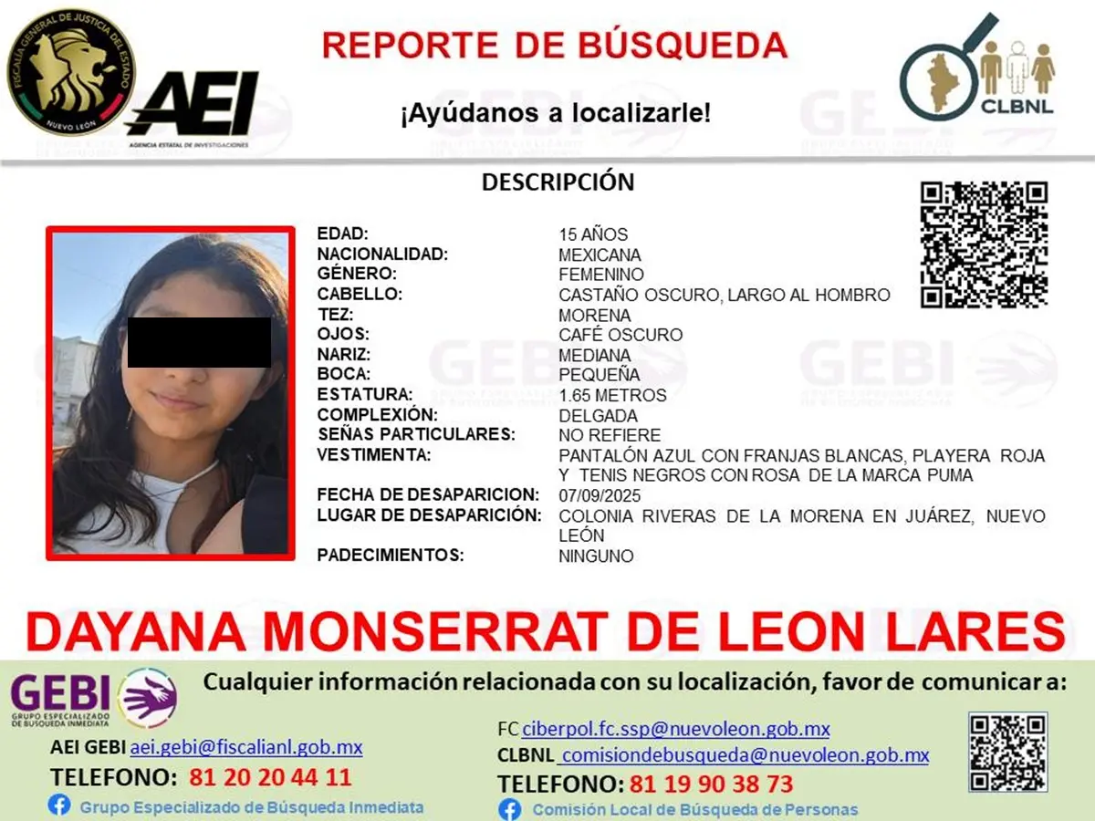 Dayana Monserrat, de 15 años, desapareció desde el pasado 7 de septiembre de 2025 en la colonia Riveras de La Morena, en el municipio de Juárez, Nuevo León. Foto: Facebook Grupo Especializado de Búsqueda Inmediata