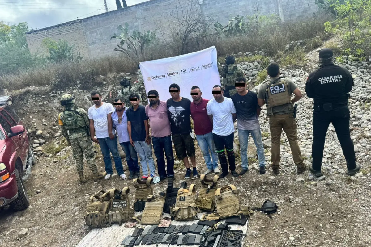 La lucha contra la delincuencia en Tamaulipas sumó un nuevo episodio con la captura de ocho presuntos integrantes de un grupo criminal en el municipio de Tula. Foto: SSP