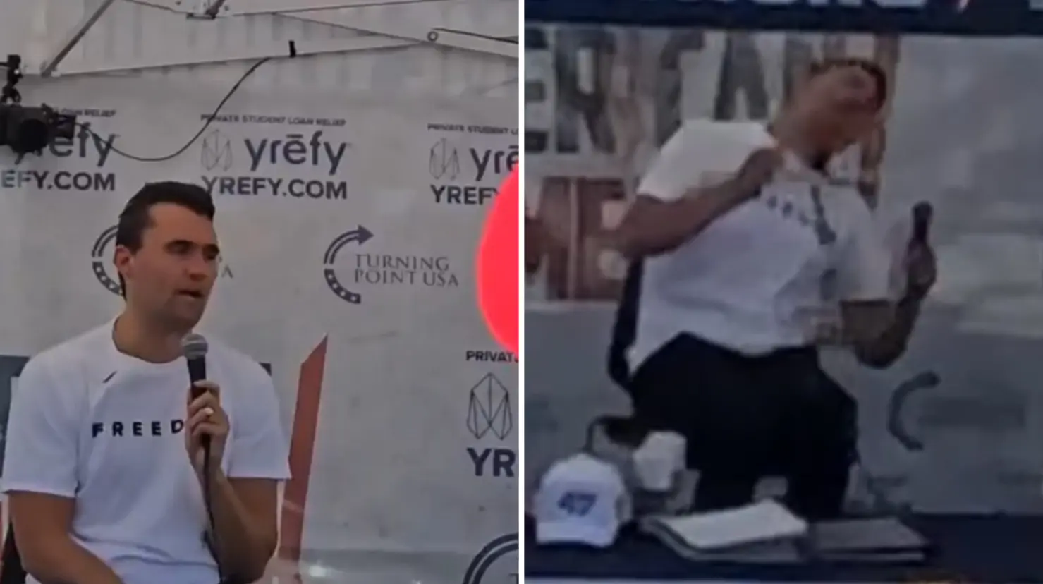 Charlie Kirk recibe un disparo en plena conferencia en Utah. Foto: X (@yasscorrset, @DaleStarkA10)
