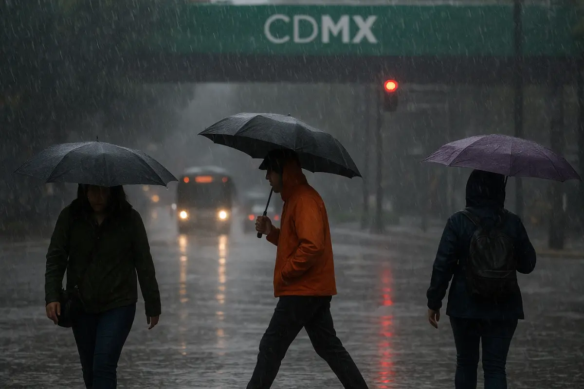 Personas entre las lluvias de la CDMX. Foto: IA
