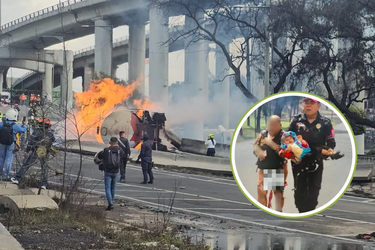 Incendio en el puente de la Concordia, policía rescatando bebé. Foto: Luis Antonio Alfaro y @janethleontv | Canva