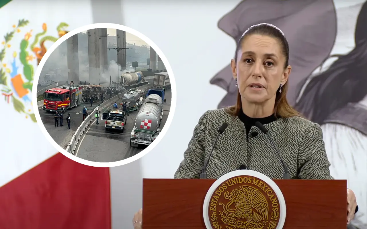 Claudia Sheinbaum y pipa que explotó en Iztapalapa. Captura de pantalla: YouTube (Claudia Sheinbaum) / X (@POSTACDMX)