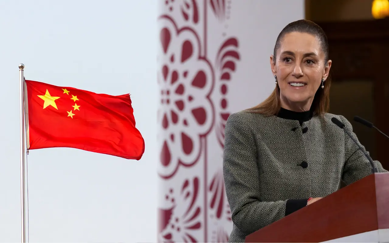 Claudia Sheinbaum y bandera de China. Foto: Presidencia de la República / Canva