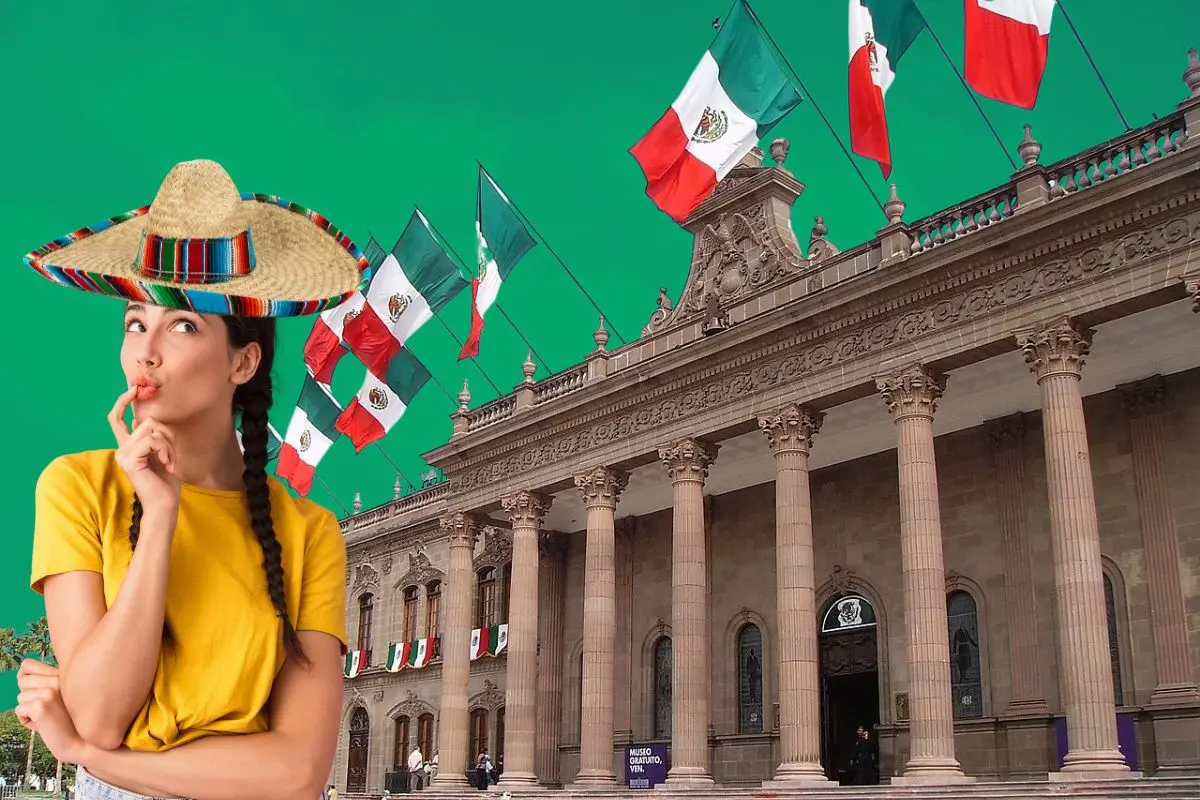Palacio de Gobierno de Monterrey con banderas y una mujer con sombrero alusivo a la fecha Foto: Canva