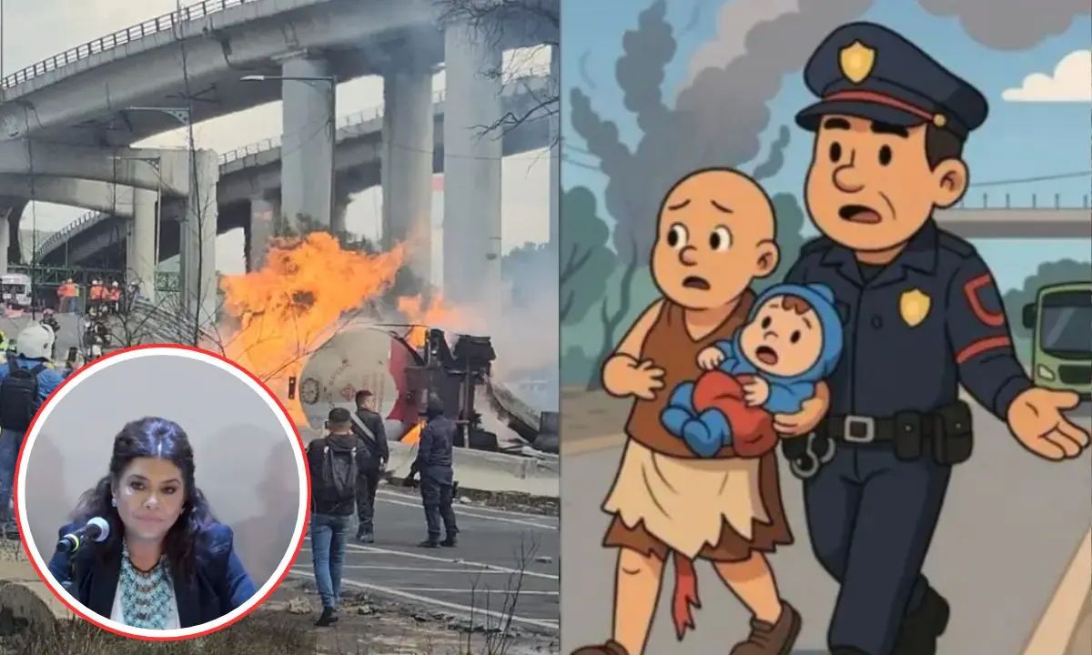 Explosión pipa de Gas LP puente de la concordia, Alicia Matías y policía, Clara Brugada. Foto: Luis Antonio Alfaro | Clara Brugada | Redes sociales | Canva
